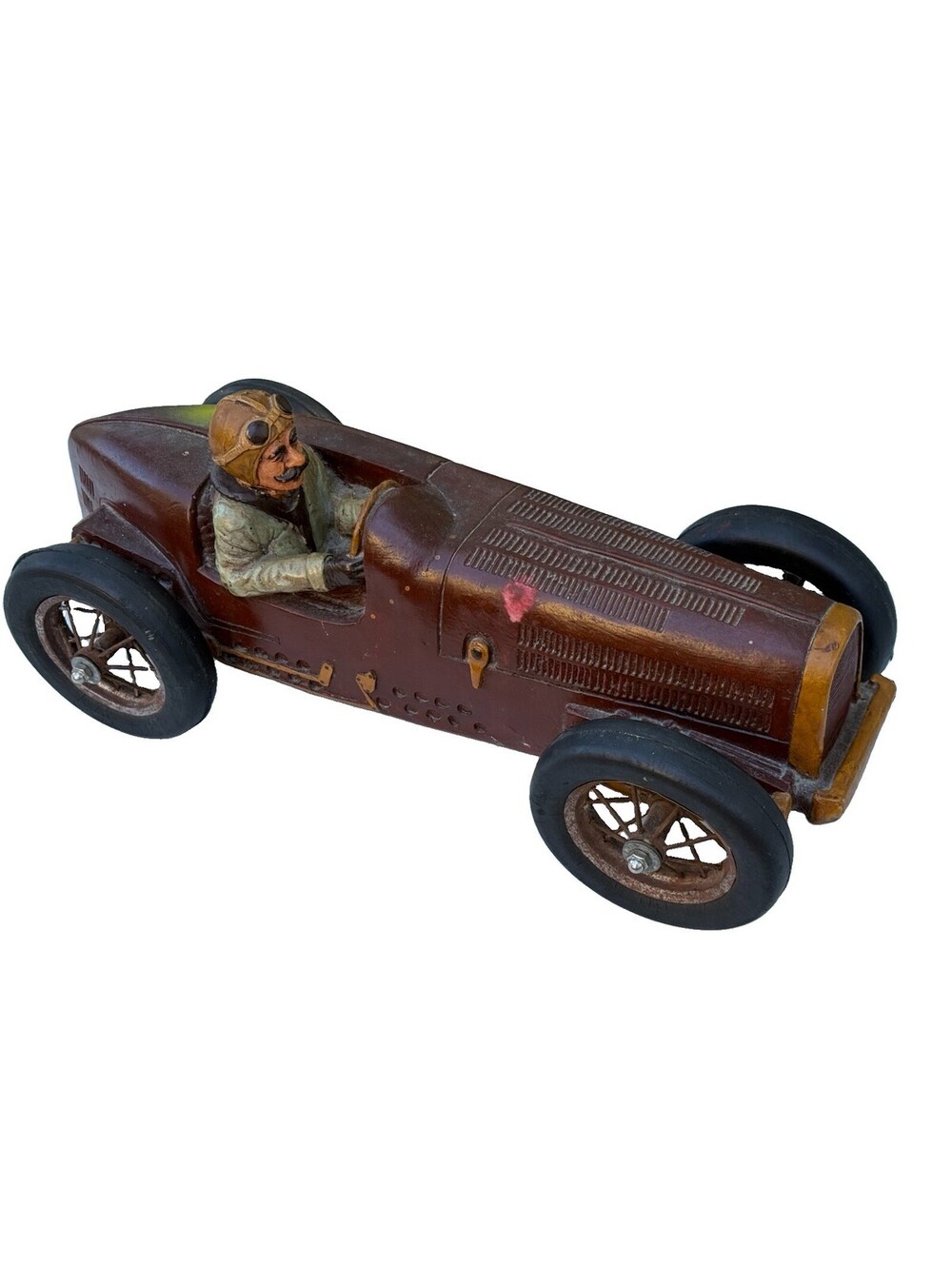 Vintage 20” Race Car Driver Sculpture Wire Spoke Wheels Rubber Tires Decor
